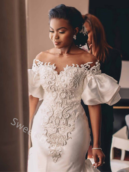 Elegant Off shoulder Sleeveless Mermaid Lace applique Wedding Dresses,DB0339