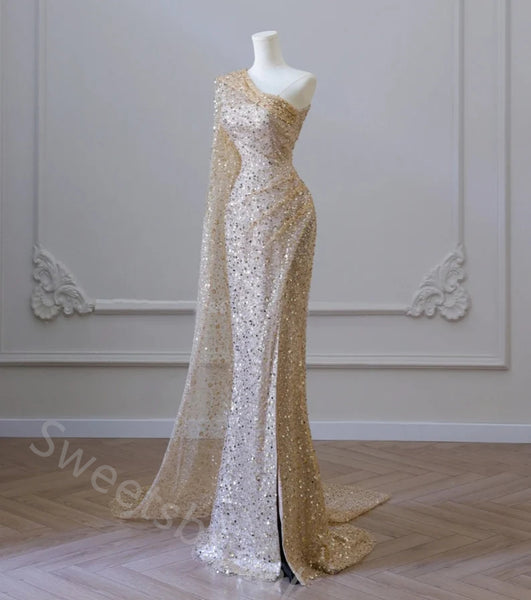 Sexy One Shoulder Sleeveless Side Slit Mermaid  Long Prom Dress,SWS2145