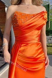 Orange One Shoulder Sleeveless Mermaid Floor Length Prom Dress,SWS2205