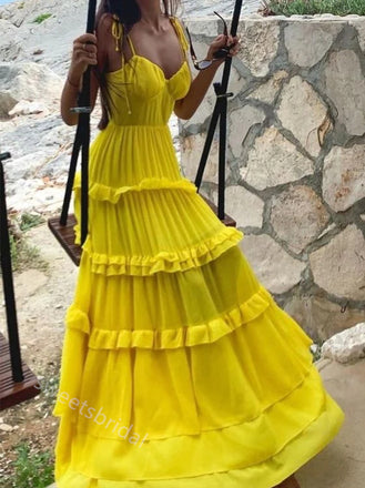 Elegant Ruffle V-neck Sleeveless A-line Long Floor Length Prom Dress,SWS2368