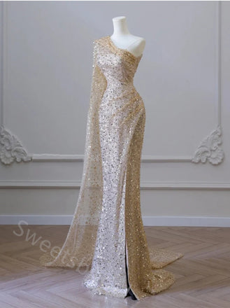 Sexy One Shoulder Sleeveless Side Slit Mermaid  Long Prom Dress,SWS2145