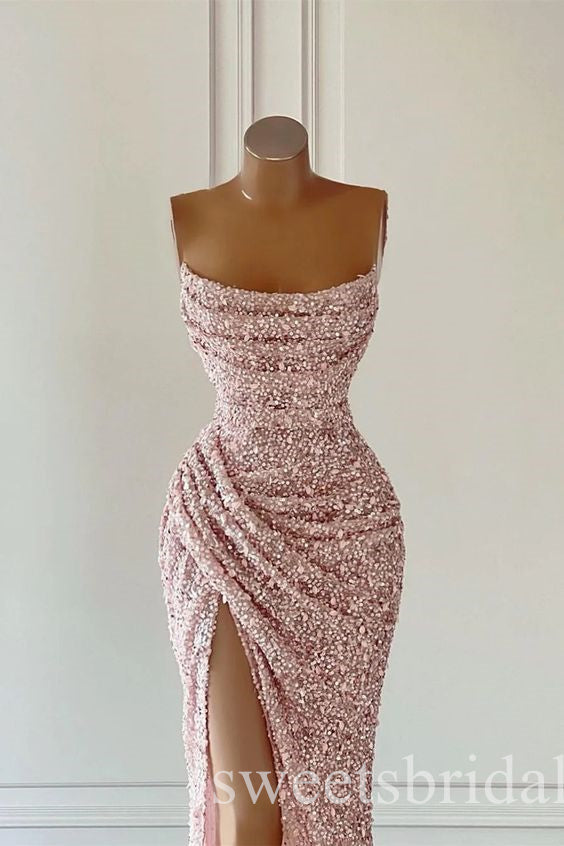 Sparkly Scoop Sleeveless Side Slit Mermaid Long Prom Dress,SWS2450