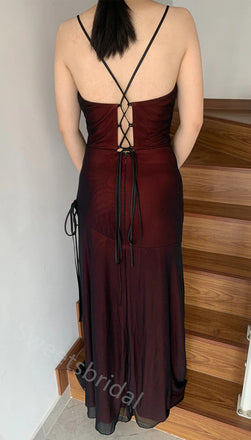 Black And Red V-neck Sleeveless Side Slit Mermaid Floor length Prom Dress,SWS2167