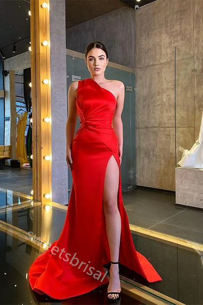 Red One Shoulder Side Slit Mermaid Floor Length Prom Dress,SWS2206