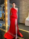 Red One Shoulder Side Slit Mermaid Floor Length Prom Dress,SWS2206