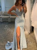 Sexy V-neck Spaghetti straps Side slit Mermaid Long Prom Dress,SW2016