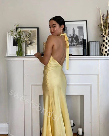 Yellow Halter Sleeveless Sheath Floor Length Prom Dress,SWS2265
