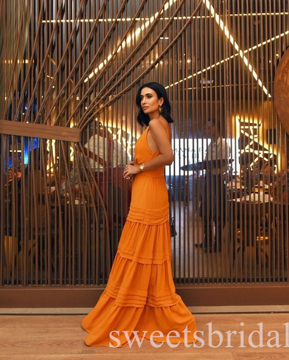 Orange Deep V-neck Sleeveless Aline Long Prom Dress,SWS2463