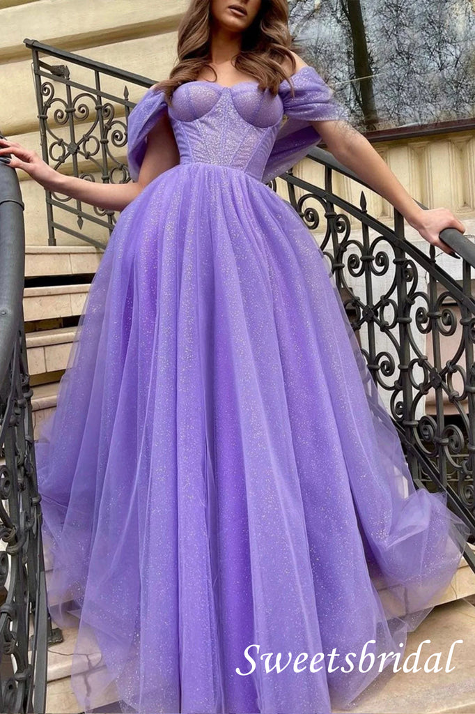 Purple Sparkly Off Shoulder Sleeveless A-line Floor Length Prom Dress,SWS2550