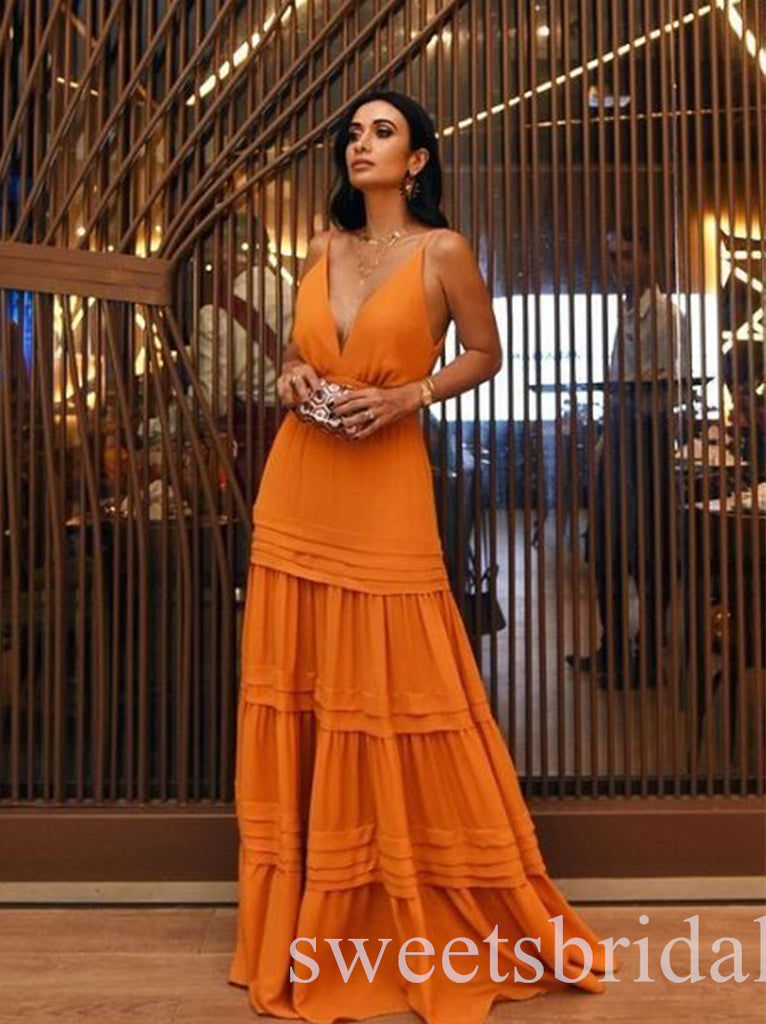 Orange Deep V-neck Sleeveless Aline Long Prom Dress,SWS2463