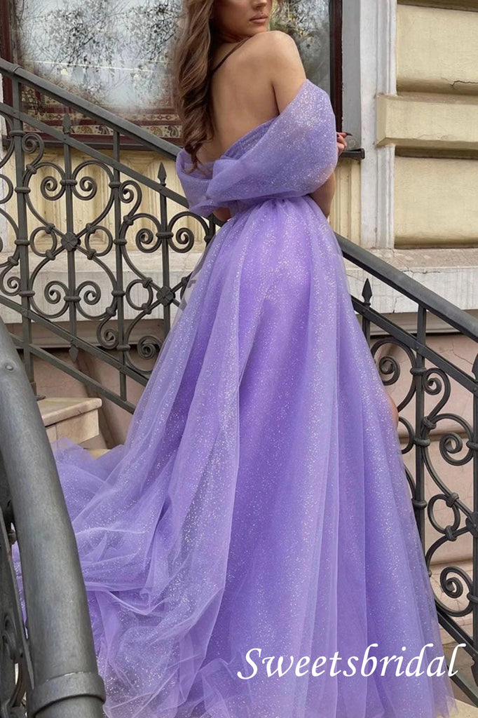 Purple Sparkly Off Shoulder Sleeveless A-line Floor Length Prom Dress,SWS2550