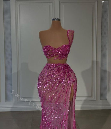 Sexy One shoulder Sleeveless Side slit  Mermaid Long Prom Dress,SWS2041