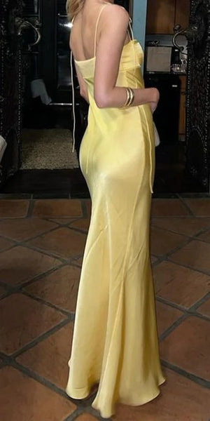 Yellow Spaghetti Straps Sleeveless Sheath Floor Length Prom Dress,SWS2322