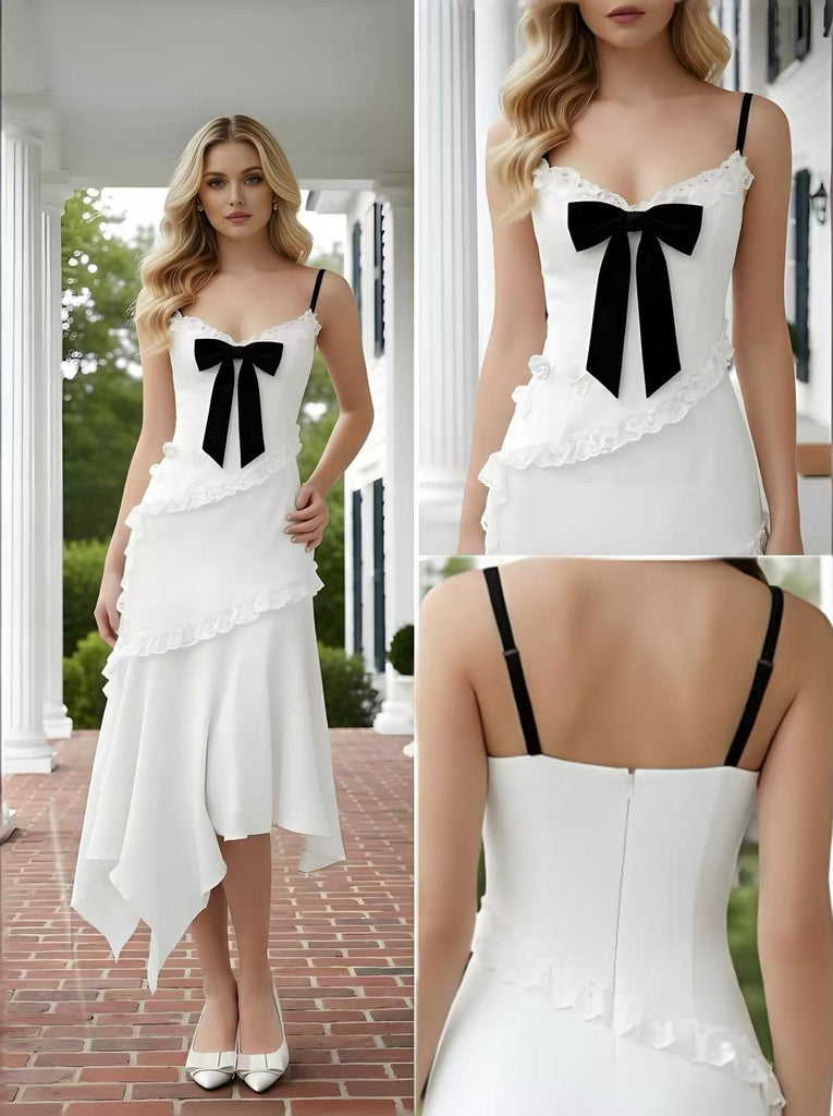 Cute Black Bow Knot Lace Ruffles Sleeveless Mermaid Long Prom Party Dress,SWS2600