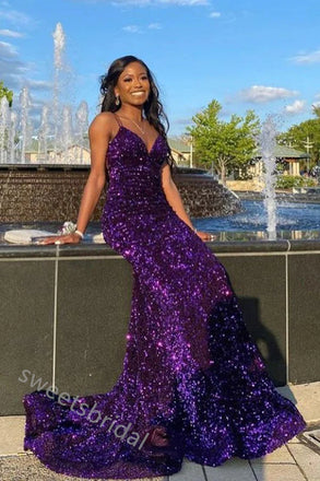 Sparkly V-neck Sleeveless Mermaid Floor Length  Prom Dress,SWS2298