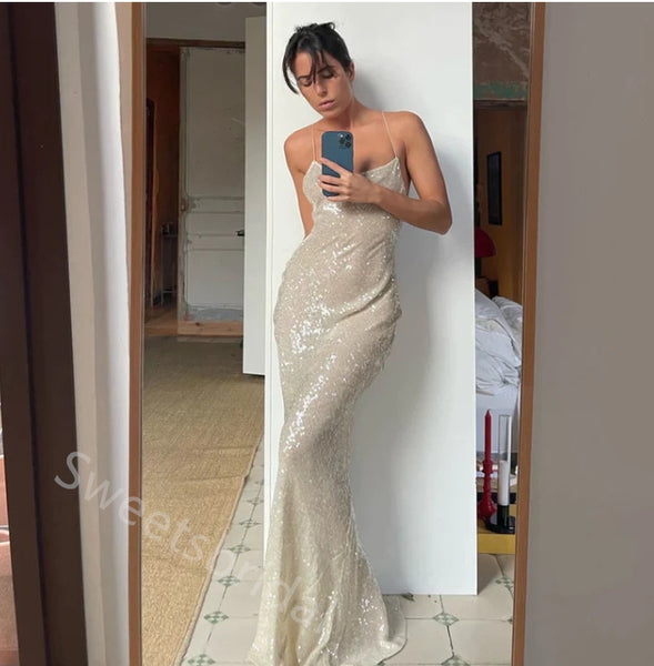 Sparkly Spaghetti Straps Sleeveless Mermaid Floor Length  Prom Dress,SWS2283