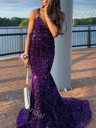 Sparkly V-neck Sleeveless Mermaid Floor Length  Prom Dress,SWS2298