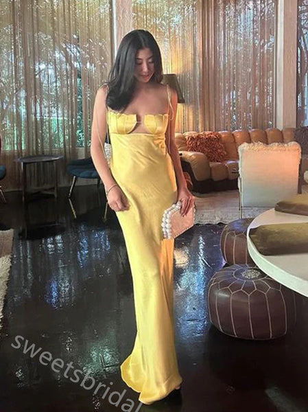 Yellow Spaghetti Straps Sleeveless Sheath Floor Length Prom Dress,SWS2322