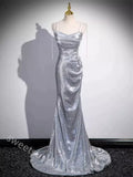 Sparkly Spaghetti Straps Sleeveless Mermaid Floor Length  Prom Dress,SWS2296