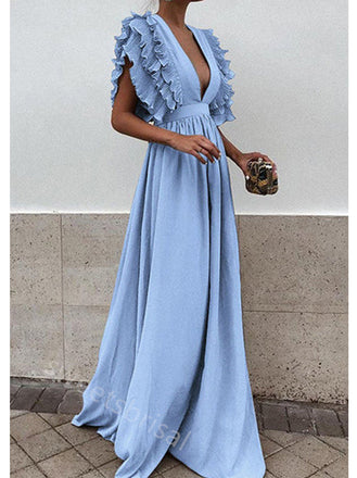 Elegant V-neck Sleeveless A-line Floor Length Prom Dress,SWS2198