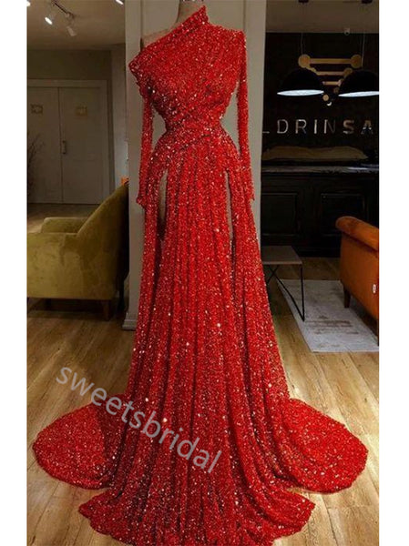 Red Sparkly Long Sleeves Side Slit A-line Floor Length  Prom Dress,SWS2280