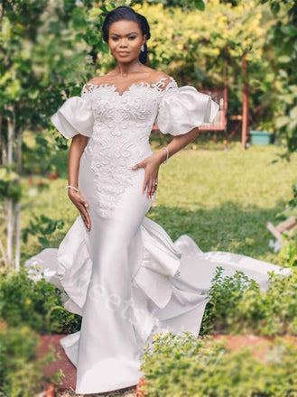 Elegant Off shoulder Sleeveless Mermaid Lace applique Wedding Dresses,DB0339