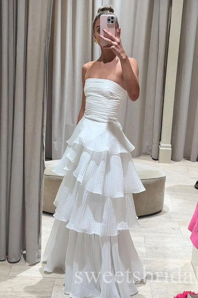 With Ruffles Strapless Sleeveless A-line Long Prom Dress,SWS2435