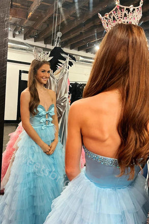 Blue Ruffle Sweetheart Sleeveless Aline Floor Length Prom Dress,SWS2273