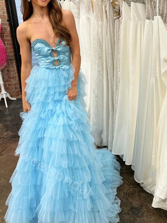 Blue Ruffle Sweetheart Sleeveless Aline Floor Length Prom Dress,SWS2273