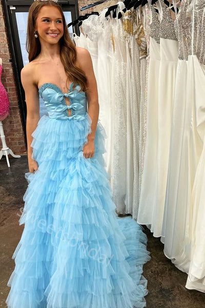 Blue Ruffle Sweetheart Sleeveless Aline Floor Length Prom Dress,SWS2273