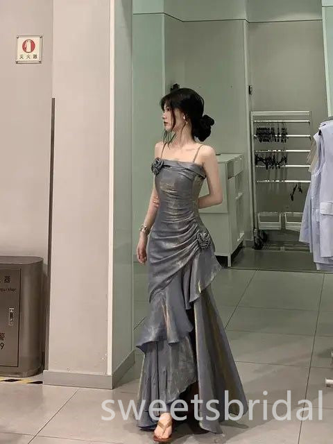 Grey Sparkly Ruffles Sleeveless Mermaid Long Prom Dress,SWS2490