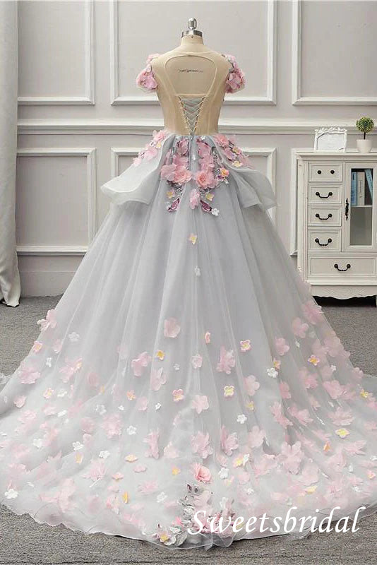 Floral V-neck Cap sleeves A-line Long Floor Length Prom Dress,SWS2564