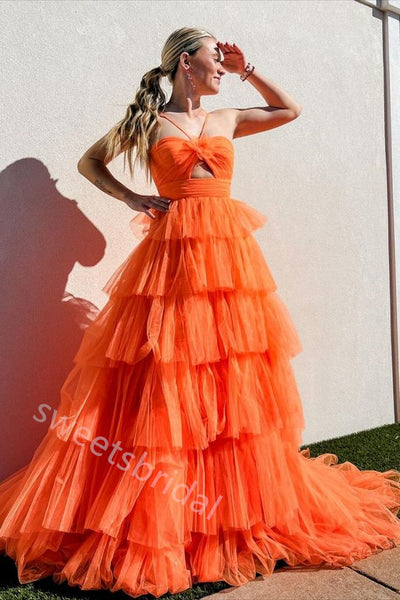 Orange Ruffle Halter Sleeveless A-line Floor Length Prom Dress,SWS2274