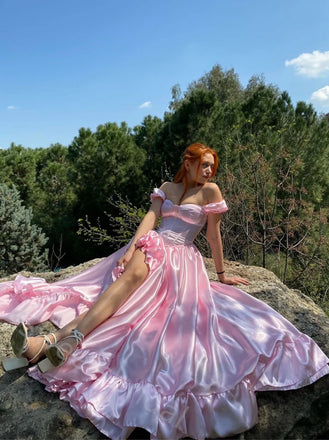 Sparkly Off Shoulder Side Slit  A-line Long Prom Dress,SWS2136