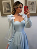 Baby Blue Sweetheart Long Sleeves A-line Floor Length Prom Dress,SWS2202