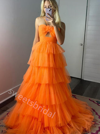 Orange Ruffle Halter Sleeveless A-line Floor Length Prom Dress,SWS2274