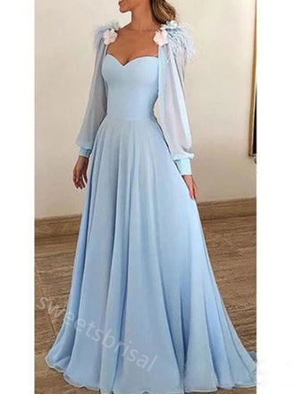 Baby Blue Sweetheart Long Sleeves A-line Floor Length Prom Dress,SWS2202
