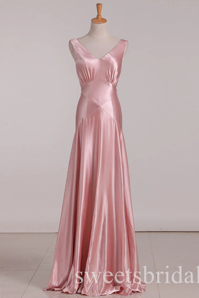 Pink Elegant V-neck Sleeveless A-line Long Prom Dress,SWS2447