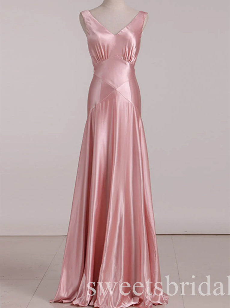 Pink Elegant V-neck Sleeveless A-line Long Prom Dress,SWS2447