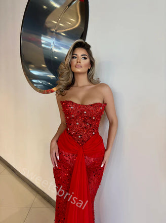 Red Strapless Sleeveless Mermaid Floor Length  Prom Dress,SWS2222
