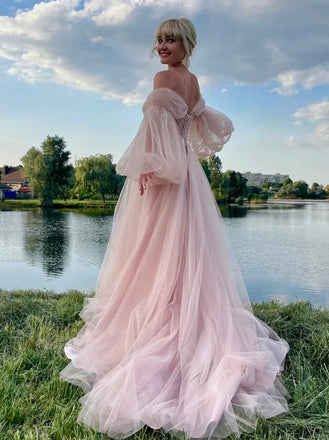 Elegant Off Shoulder Long Sleeves A-line Floor length Prom Dress,SWS2158