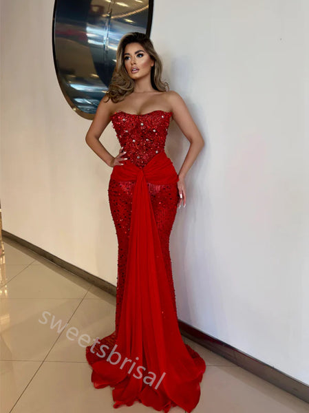 Red Strapless Sleeveless Mermaid Floor Length  Prom Dress,SWS2222