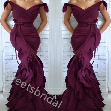 Elegant V-neck Ruffle Sleeveless Mermaid Long Prom Dress,SWS2040