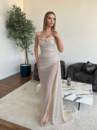 Sparkly Strapless Side Slit Mermaid Floor Length Prom Dress,SWS2204