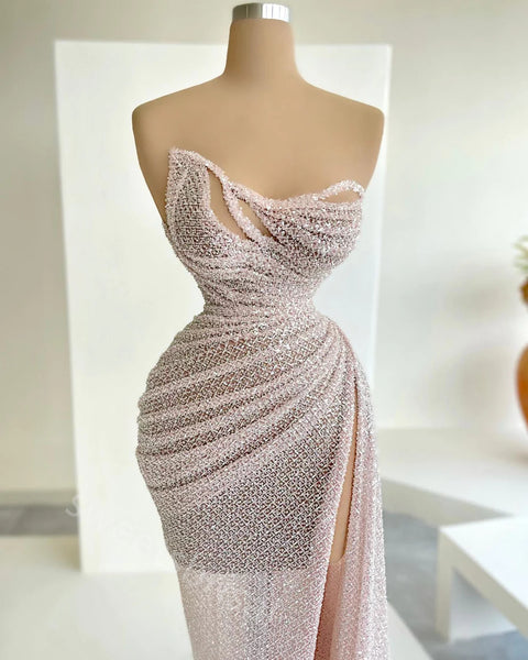 Sparkly Strapless Side Slit Mermaid Floor Length Prom Dress,SWS2204