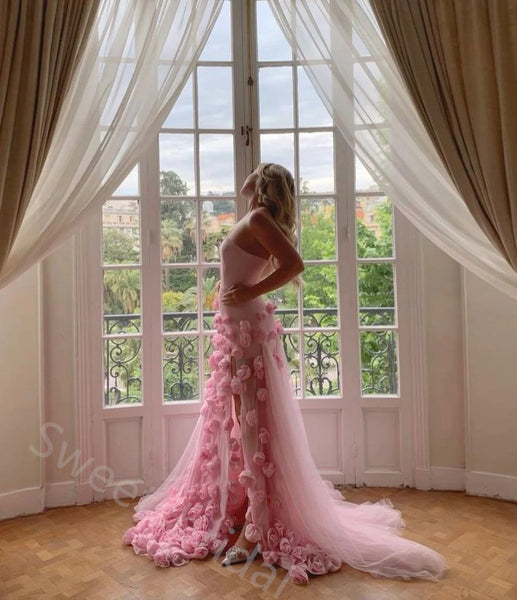 Sexy Sleeveless Rose-Shaped Side Slit Mermaid Floor length Prom Dress,SWS2157