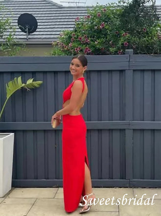Sexy Red V-neck Open Back Floor Length Prom Dress,SWS2568