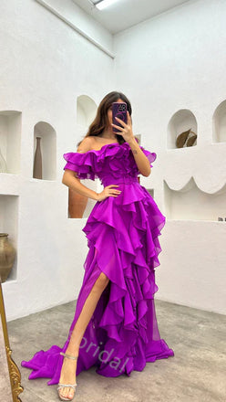Sexy Off shoulder Sleeveless Ruffle A-line Floor length Prom Dress,SWS2156