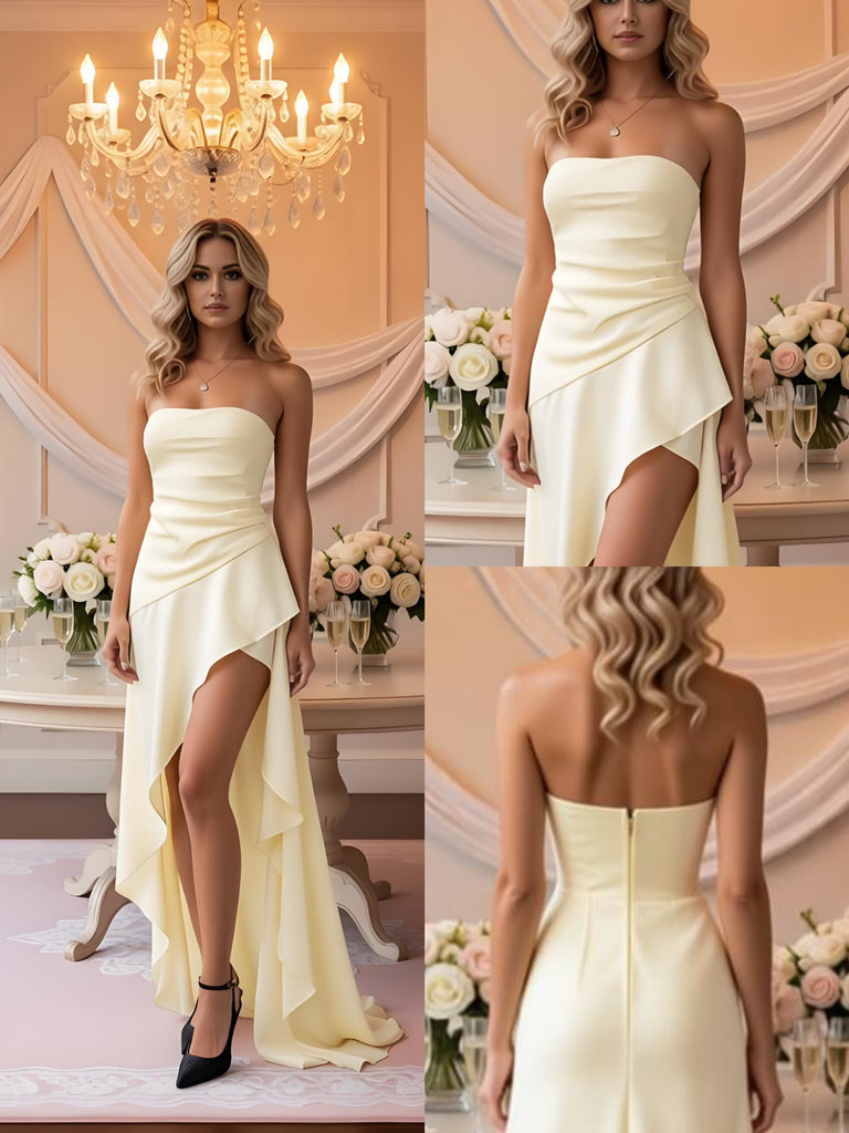 Simple Yellow High Low Side Slit Sleeveless A-Line Long Prom Party Dress,SWS2623