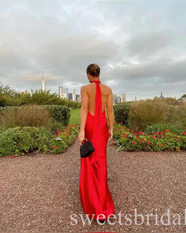 Red Halter Sleeveless Side Slit Mermaid Long Prom Dress,SWS2445